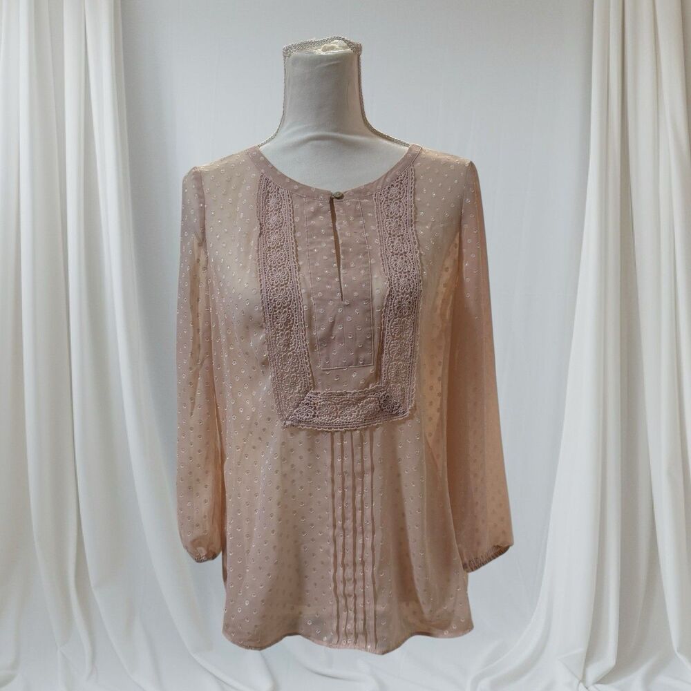 DANIEL RAINN Women's‎ Size M Bohemian Blush Pink Swiss Dot High Low Sheer Blouse